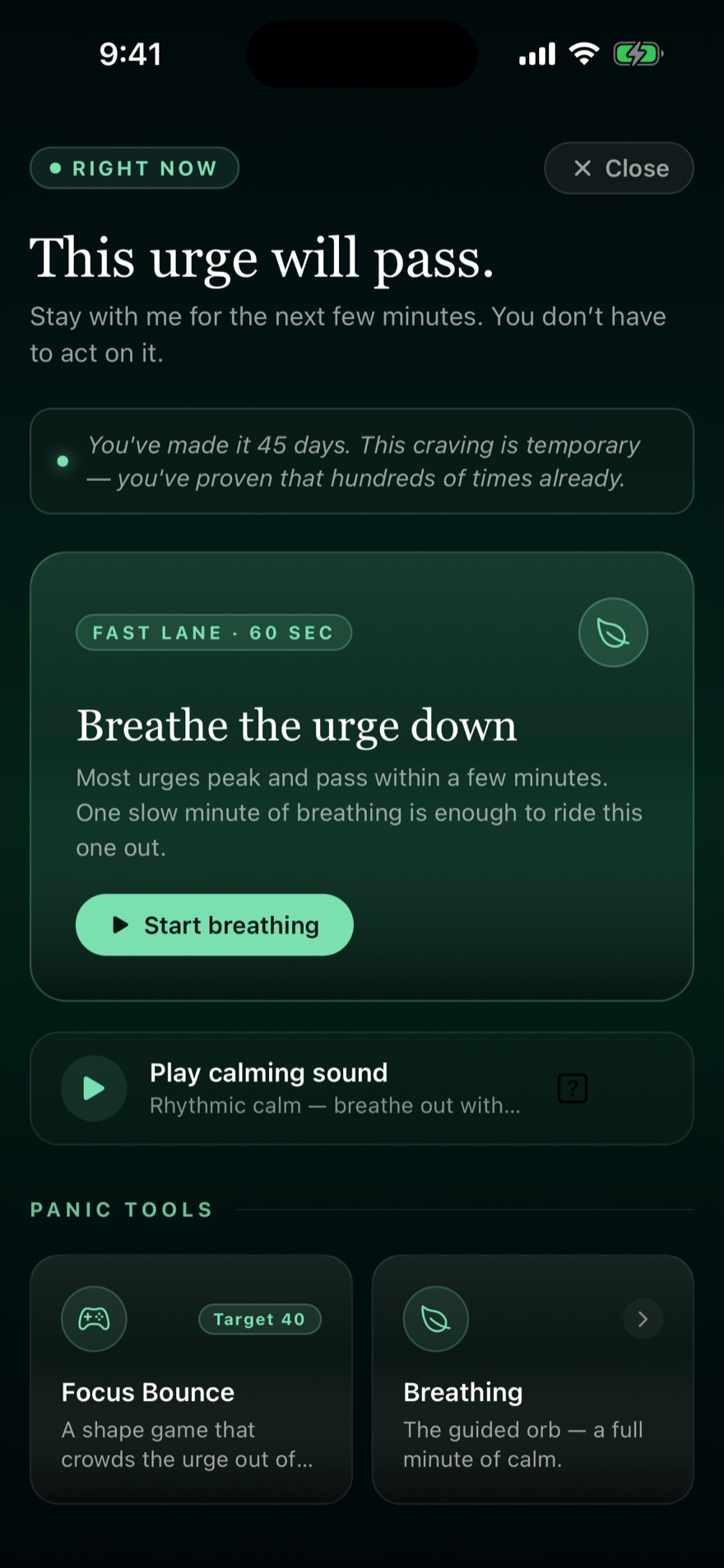 Respira SOS screen: This urge will pass — breathe with me for 90 seconds