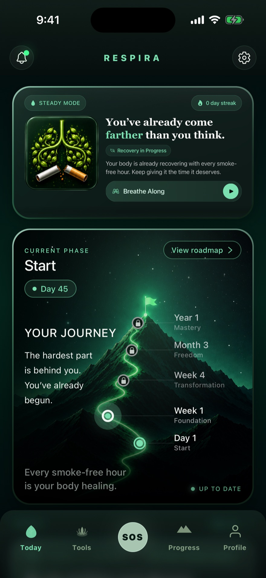 Respira Today screen: 'You've already come farther than you think' with a mountain journey from Day 1 to Year 1